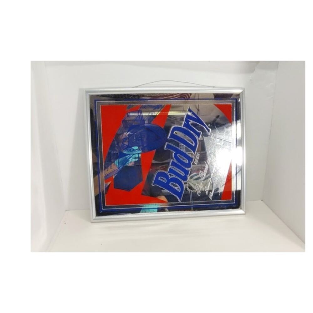 Bud Dry Mirror Bar Sign Budweiser Anheuser-Bush Beer Vintage 1989 USA Man Cave